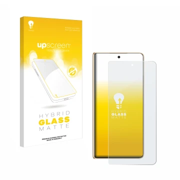 Parte frontal de un envase de producto con el logotipo de la marca upscreen. Al lado se muestra el dispositivo Honor Magic V5 