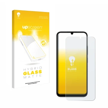 Parte frontal de un envase de producto con el logotipo de la marca upscreen. Al lado se muestra el dispositivo Xiaomi Redmi 15