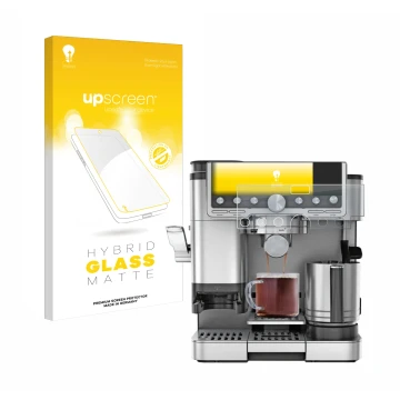 Parte frontal de un envase de producto con el logotipo de la marca upscreen. Al lado se muestra el dispositivo Ninja Luxe Cafe