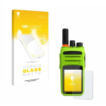Parte frontal de un envase de producto con el logotipo de la marca upscreen. Al lado se muestra el dispositivo Talkpod N58 Plu