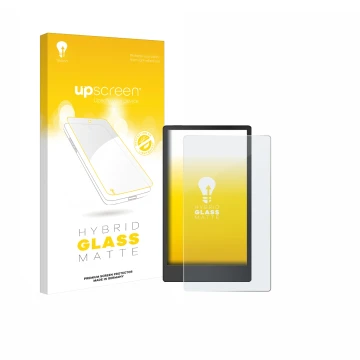 Parte frontal de un envase de producto con el logotipo de la marca upscreen. Al lado se muestra el dispositivo reMarkable Pape