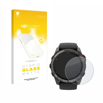 Parte frontal de un envase de producto con el logotipo de la marca upscreen. Al lado se muestra el dispositivo Garmin Fenix 8 
