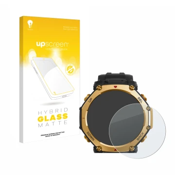 Parte frontal de un envase de producto con el logotipo de la marca upscreen. Al lado se muestra el dispositivo Huami Amazfit T