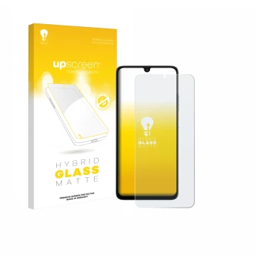 Parte frontal de un envase de producto con el logotipo de la marca upscreen. Al lado se muestra el dispositivo Motorola Moto G