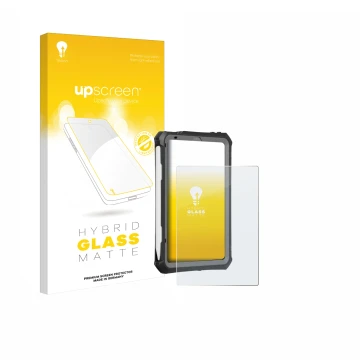 Parte frontal de un envase de producto con el logotipo de la marca upscreen. Al lado se muestra el dispositivo Apple iPad Mini