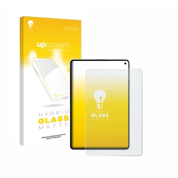 Parte frontal de un envase de producto con el logotipo de la marca upscreen. Al lado se muestra el dispositivo Huawei MatePad 