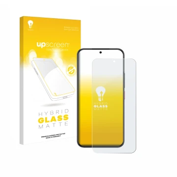 Parte frontal de un envase de producto con el logotipo de la marca upscreen. Al lado se muestra el dispositivo Nubia Air con s
