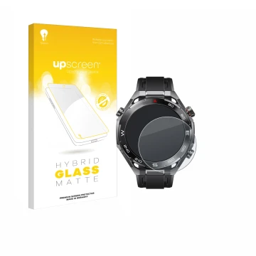 Parte frontal de un envase de producto con el logotipo de la marca upscreen. Al lado se muestra el dispositivo Huawei Watch Ul
