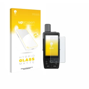 Parte frontal de un envase de producto con el logotipo de la marca upscreen. Al lado se muestra el dispositivo Garmin GPSMAP H