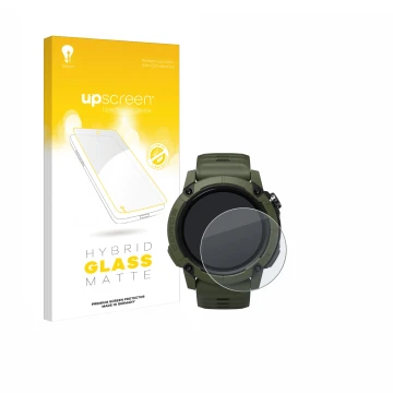 Parte frontal de un envase de producto con el logotipo de la marca upscreen. Al lado se muestra el dispositivo Coros NOMAD con