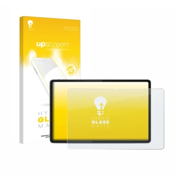 Parte frontal de un envase de producto con el logotipo de la marca upscreen. Al lado se muestra el dispositivo Lenovo Yoga Tab