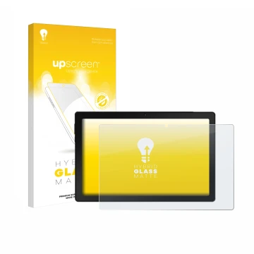 Parte frontal de un envase de producto con el logotipo de la marca upscreen. Al lado se muestra el dispositivo MUISOO A10 10.1