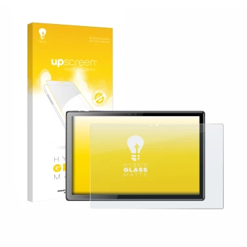 Parte frontal de un envase de producto con el logotipo de la marca upscreen. Al lado se muestra el dispositivo Tibuta A10 10.1