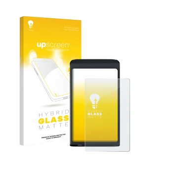 Parte frontal de un envase de producto con el logotipo de la marca upscreen. Al lado se muestra el dispositivo Vasco Translato