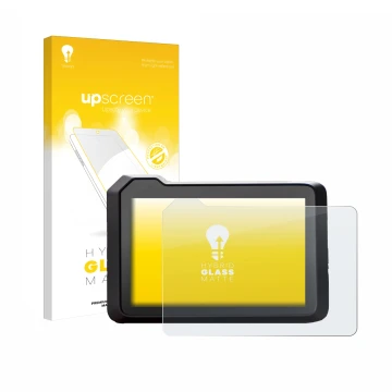 Parte frontal de un envase de producto con el logotipo de la marca upscreen. Al lado se muestra el dispositivo KTM 990 Duke 20