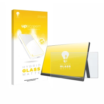 Parte frontal de un envase de producto con el logotipo de la marca upscreen. Al lado se muestra el dispositivo Arzopa ‎60HZ/A1