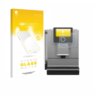 Parte frontal de un envase de producto con el logotipo de la marca upscreen. Al lado se muestra el dispositivo Nivona NICR 970