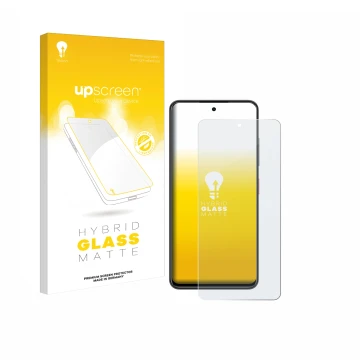 Parte frontal de un envase de producto con el logotipo de la marca upscreen. Al lado se muestra el dispositivo Nubia Focus con