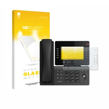 Parte frontal de un envase de producto con el logotipo de la marca upscreen. Al lado se muestra el dispositivo Snom D865 con s