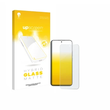 Parte frontal de un envase de producto con el logotipo de la marca upscreen. Al lado se muestra el dispositivo Xiaomi 15T con 