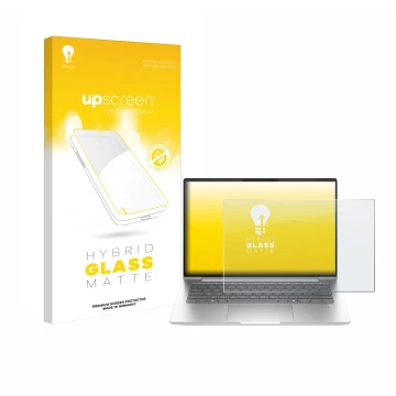 Parte frontal de un envase de producto con el logotipo de la marca upscreen. Al lado se muestra el dispositivo HP EliteBook 65