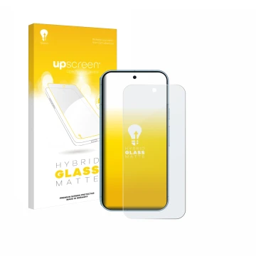 Parte frontal de un envase de producto con el logotipo de la marca upscreen. Al lado se muestra el dispositivo Google Pixel 9 