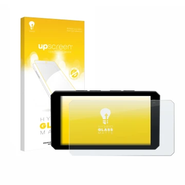 Parte frontal de un envase de producto con el logotipo de la marca upscreen. Al lado se muestra el dispositivo Chigee AIO-6 LT