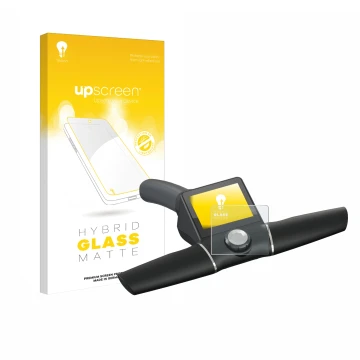 Parte frontal de un envase de producto con el logotipo de la marca upscreen. Al lado se muestra el dispositivo Motocaddy M7 GP