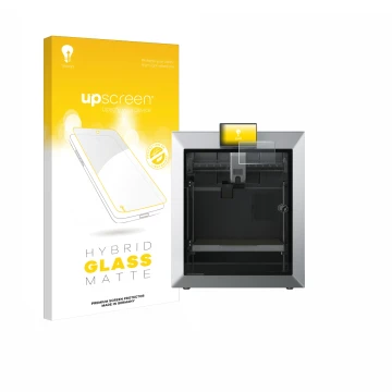 Parte frontal de un envase de producto con el logotipo de la marca upscreen. Al lado se muestra el dispositivo Qidi Tech Q2 co