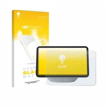 Parte frontal de un envase de producto con el logotipo de la marca upscreen. Al lado se muestra el dispositivo Amazon Echo Sho