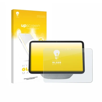 Parte frontal de un envase de producto con el logotipo de la marca upscreen. Al lado se muestra el dispositivo Amazon Echo Sho