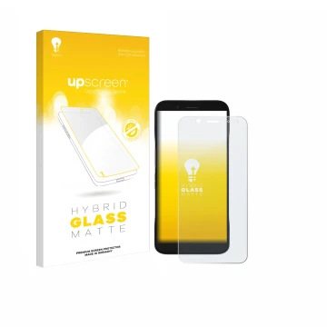 Parte frontal de un envase de producto con el logotipo de la marca upscreen. Al lado se muestra el dispositivo Datalogic Memor