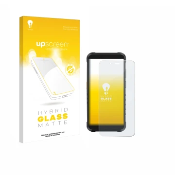 Parte frontal de un envase de producto con el logotipo de la marca upscreen. Al lado se muestra el dispositivo Ulefone RugKing
