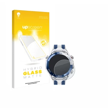 Parte frontal de un envase de producto con el logotipo de la marca upscreen. Al lado se muestra el dispositivo Huawei Watch Ul