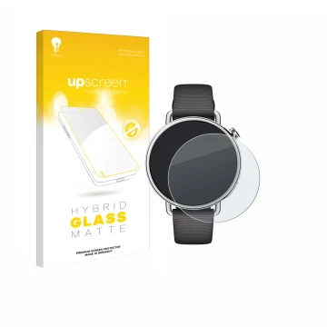 Parte frontal de un envase de producto con el logotipo de la marca upscreen. Al lado se muestra el dispositivo Xiaomi Watch S4