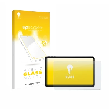 Parte frontal de un envase de producto con el logotipo de la marca upscreen. Al lado se muestra el dispositivo Doogee U12 con 