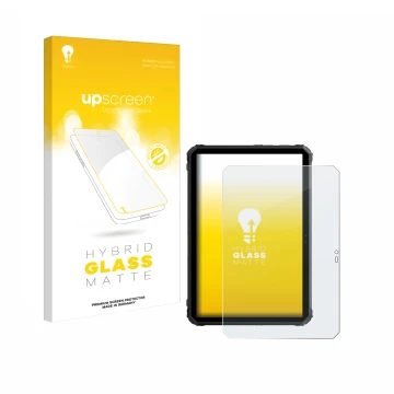 Parte frontal de un envase de producto con el logotipo de la marca upscreen. Al lado se muestra el dispositivo Blackview Activ