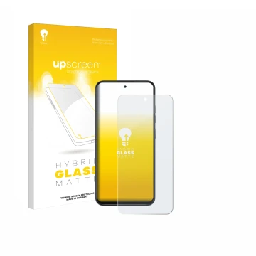 Parte frontal de un envase de producto con el logotipo de la marca upscreen. Al lado se muestra el dispositivo Infinix Smart 1