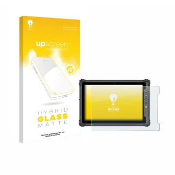 Parte frontal de un envase de producto con el logotipo de la marca upscreen. Al lado se muestra el dispositivo onerugged W10 J