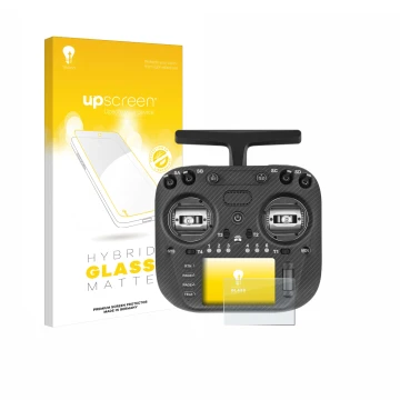 Parte frontal de un envase de producto con el logotipo de la marca upscreen. Al lado se muestra el dispositivo Radiomaster TX1