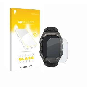 Parte frontal de un envase de producto con el logotipo de la marca upscreen. Al lado se muestra el dispositivo Kospet Tank M4 