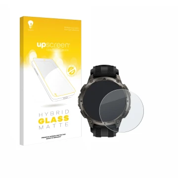 Parte frontal de un envase de producto con el logotipo de la marca upscreen. Al lado se muestra el dispositivo Kospet Tank T4 