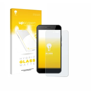 Parte frontal de un envase de producto con el logotipo de la marca upscreen. Al lado se muestra el dispositivo HTC Wildfire E5