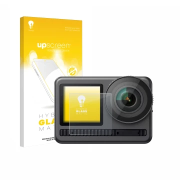 Parte frontal de un envase de producto con el logotipo de la marca upscreen. Al lado se muestra el dispositivo Akaso Brave 8 (