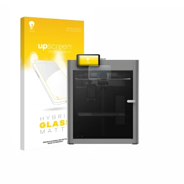 Parte frontal de un envase de producto con el logotipo de la marca upscreen. Al lado se muestra el dispositivo Bambu Lab P2S 3