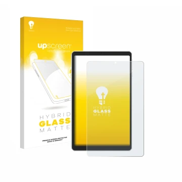 Parte frontal de un envase de producto con el logotipo de la marca upscreen. Al lado se muestra el dispositivo Ulefone Tab A9 