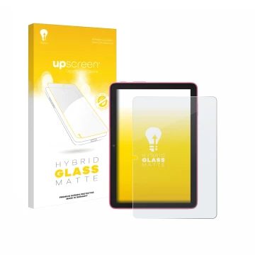 Parte frontal de un envase de producto con el logotipo de la marca upscreen. Al lado se muestra el dispositivo Amazon Fire HD 