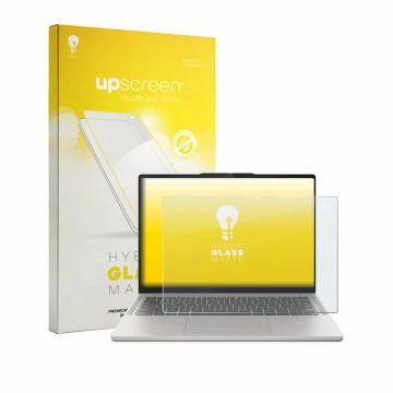 Parte frontal de un envase de producto con el logotipo de la marca upscreen. Al lado se muestra el dispositivo Lenovo Chromebo