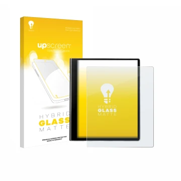 Parte frontal de un envase de producto con el logotipo de la marca upscreen. Al lado se muestra el dispositivo eazeye Paper 2.