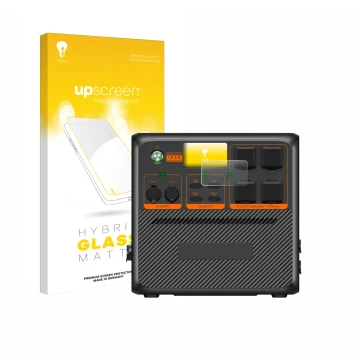 Parte frontal de un envase de producto con el logotipo de la marca upscreen. Al lado se muestra el dispositivo Bluetti AC240P 